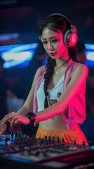 Obraz na płótnie Canvas young attractive and cool Asian Japanese DJ woman with headphones at night club remixing techno music. Generative AI