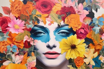 Abstract contemporary art collage portrait of young woman with flowers on face hides her eyes. Generative AI