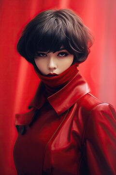 Anime woman in a red suit with short hair cut, black hair. A killer girl in a red jacket with a red Japan mask. Beauty portrait. Generative AI