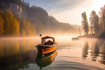Wooden boat on scenic and peaceful lake. Outdoor leisure concept. Generative AI