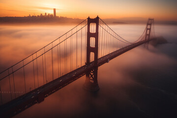 Golden Gate Bridge in San Francisco, California at morning sunrise fog. Generative AI