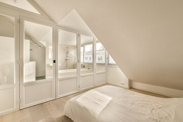 a bedroom with a bed, mirror and closet space in the room is very neat clean white paint on the walls