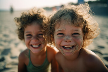Two cheerful little kids having fun at the beach. Generative AI