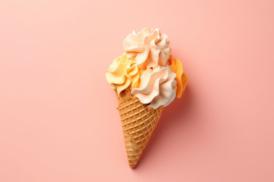 Vanilla frozen yogurt or soft ice cream in waffle cone flat lay on colored paper. Generative AI