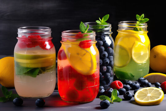 Variety of lemonade in jars. Generative AI