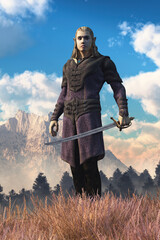 Here stands a male elf fighter, on of the most basic character types in medieval fantasy role playing game. He is a nimble warrior who specializes in hand weapons and armor. 3D Rendering
