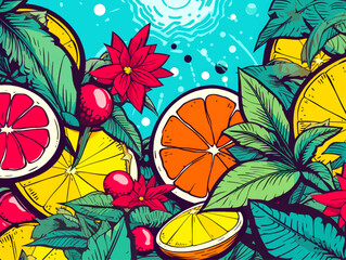 seamless pattern with citrus fruits flowers leaves pop art illustration summer vibes fresh colors