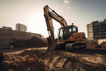 Excavator on construction site. Generative AI