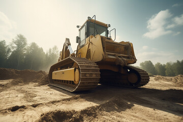 Bulldozer working in rainforest, deforestation concept. Generative AI