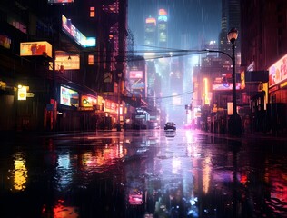 Rain-Drenched Cityscape at Night, Neon Reflections in Puddles, Bird's Eye View, Ultra-Realistic, Atmospheric Urban Noir Style, Generative AI, Generative, KI