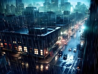 Rainy Night in Urban Landscape, Neon Light Reflections in Water Droplets, Top-Down View, Ultra-Realistic, Moody Noir-Style, Generative AI, Generative, KI