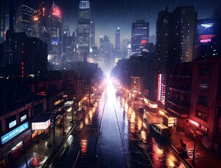 Night Cityscape Under Rain, Neon Reflections on Water Droplets, Rooftop Puddles, Moody Noir Aesthetic, Top-Down View, Ultra-Realistic Photography, Generative AI, Generative, KI
