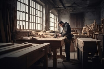 Fototapeta na wymiar Artisan carpenter working in carpentry shop. Generative AI