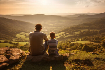 Father and son looking at magnificent natural scenery, Generative AI