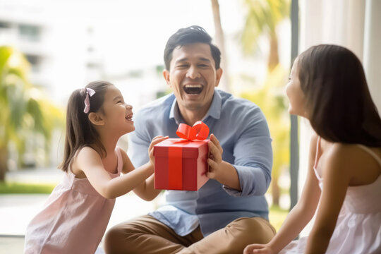 Father happy to receive a surprise gift on Father's Day, Generative AI