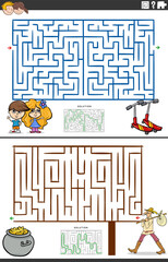maze activity games set with funny cartoon characters