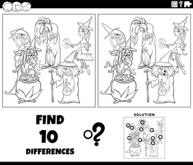 differences game with cartoon witches coloring page