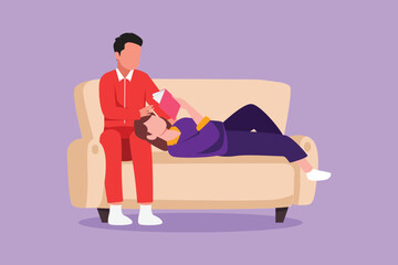 Character flat drawing romantic couple sitting together on couch is taking relaxing break. Relaxed man and cute woman lying on sofa and reading book in lounge room. Cartoon design vector illustration