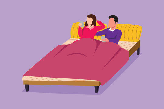 Graphic flat design drawing marriage couple lying in bed and looking at phone playing games on gadgets. Home leisure spare time. Man and woman spend time at bedroom. Cartoon style vector illustration