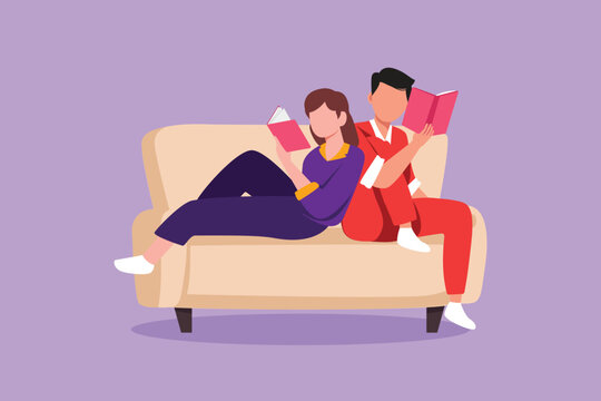 Graphic flat design drawing evening rest of romantic couple scene with man and woman on sofa. Relaxing handsome male and beautiful female reading book in lounge room. Cartoon style vector illustration