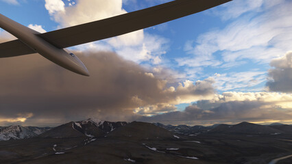Naklejka na ściany i meble Glider plane flying into snowy mountain.