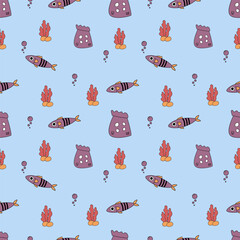 Vector seamless pattern with fishes. Fishes in flat style