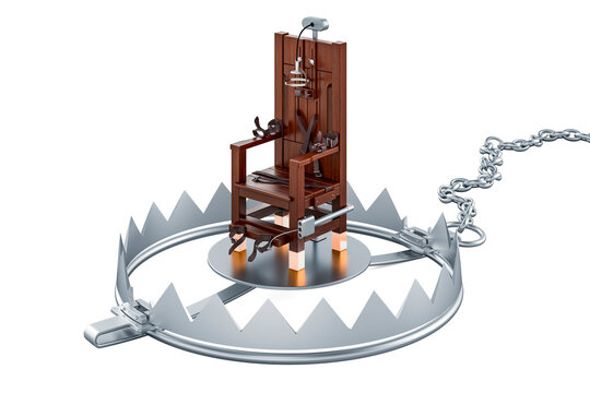 Electric chair inside bear trap, 3D rendering
