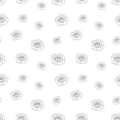 Minimalist roses flower line art seamless pattern. Black outline vector botanical art. Modern floral illustration.