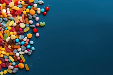 different candy lay flat over a blue vibrant studio background with space for text