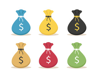 Set of money bags of different colors on a white background. Vector illustration in flat style. 