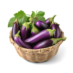 Organic Eggplants in a Basket on White Background Generative AI