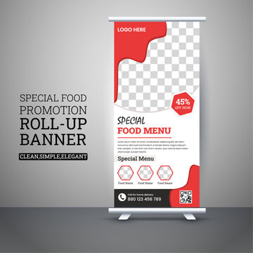 Food roll-up banner design for restaurant, Pizza, burger & healthy food sale web banner, rack card or flyer, modern food roll-up banner