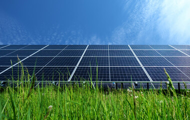 Solar panels photovoltaic power station. Alternative source of electricity. Green and clean energy power