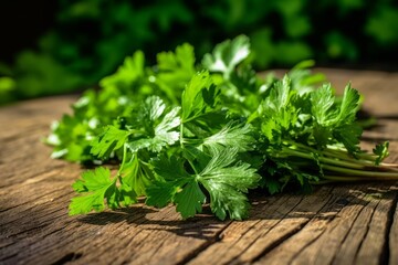 coriander leaves spread out on a rustic wooden surface