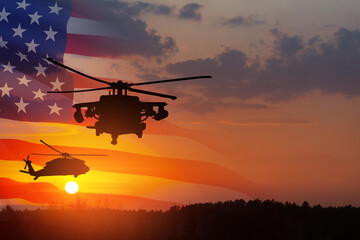 Silhouettes of helicopters on background of sunset with a transparent American flag. - Powered by Adobe
