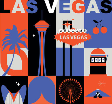 Las Vegas culture travel set, famous architectures and specialties in flat design. Business US tourism concept clipart. Image for presentation, banner, website, advert, flyer, roadmap, icons
