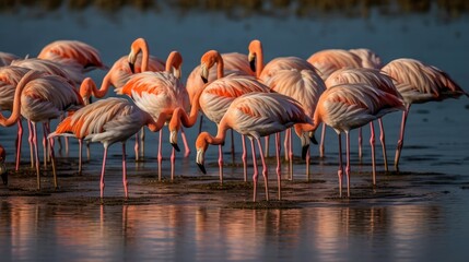 A stunning aerial view of flamingos in formation, their synchronized movements resembling an intricate dance - obrazy, fototapety, plakaty