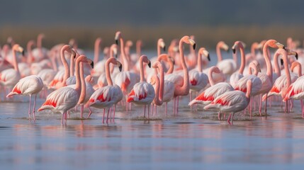 A group of flamingos creating a beautiful gradient of pink hues as they gather in the calm waters, creating a serene and tranquil scene - obrazy, fototapety, plakaty