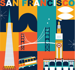 Typography word "San Francisco" branding technology concept. Collection of flat vector web icons, culture travel set, famous architectures, specialties detailed silhouette. American famous landmark.
