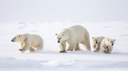 Obraz na płótnie Canvas A polar bear leading its family across a frozen tundra, their powerful strides echoing their resilience in the harsh Arctic environment