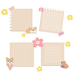 Cute kawaii notes. To do list. Little capy and corgy with flowers. Beautiful planner for school. Flat vector set.