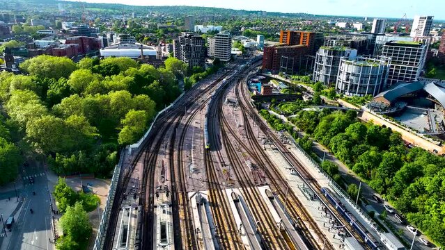 Aerial footage of St Pancras and Kings Cross train stations in London, England, UK