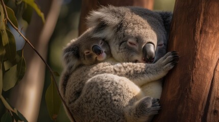 Obraz premium A heartwarming sight of a mother koala cuddling her adorable baby in a eucalyptus tree