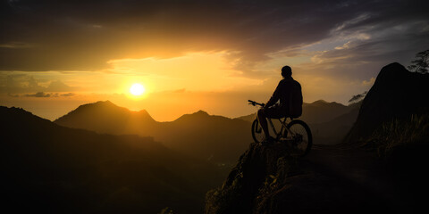 Fototapeta premium Silhouette of a man sitting on a bike on top of the mount. Biker watching the beautiful sunset. Generative AI.