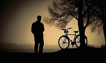 Obraz premium Silhouette of a male standing near the tree. Biker put his bicycle to the tree at sundown. Generative AI.