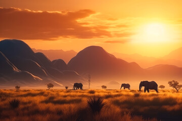 Fototapeta na wymiar Elephants walking by the grass in savannah. Beautiful animals at the backdrop of mountains at sunset. Generative AI.
