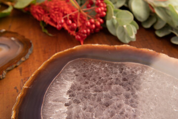 Gemstones and Crystals on Vintage Wooden Table