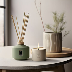 An incense diffuser and a candle on a table top with generative AI Technology