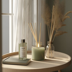 An incense diffuser and a candle on a table top with generative AI Technology