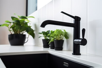 Black kitchen faucet with a white sink and green plant in a stylish modern kitchen. Water tap , faucet. Modern bathroom faucet. AI